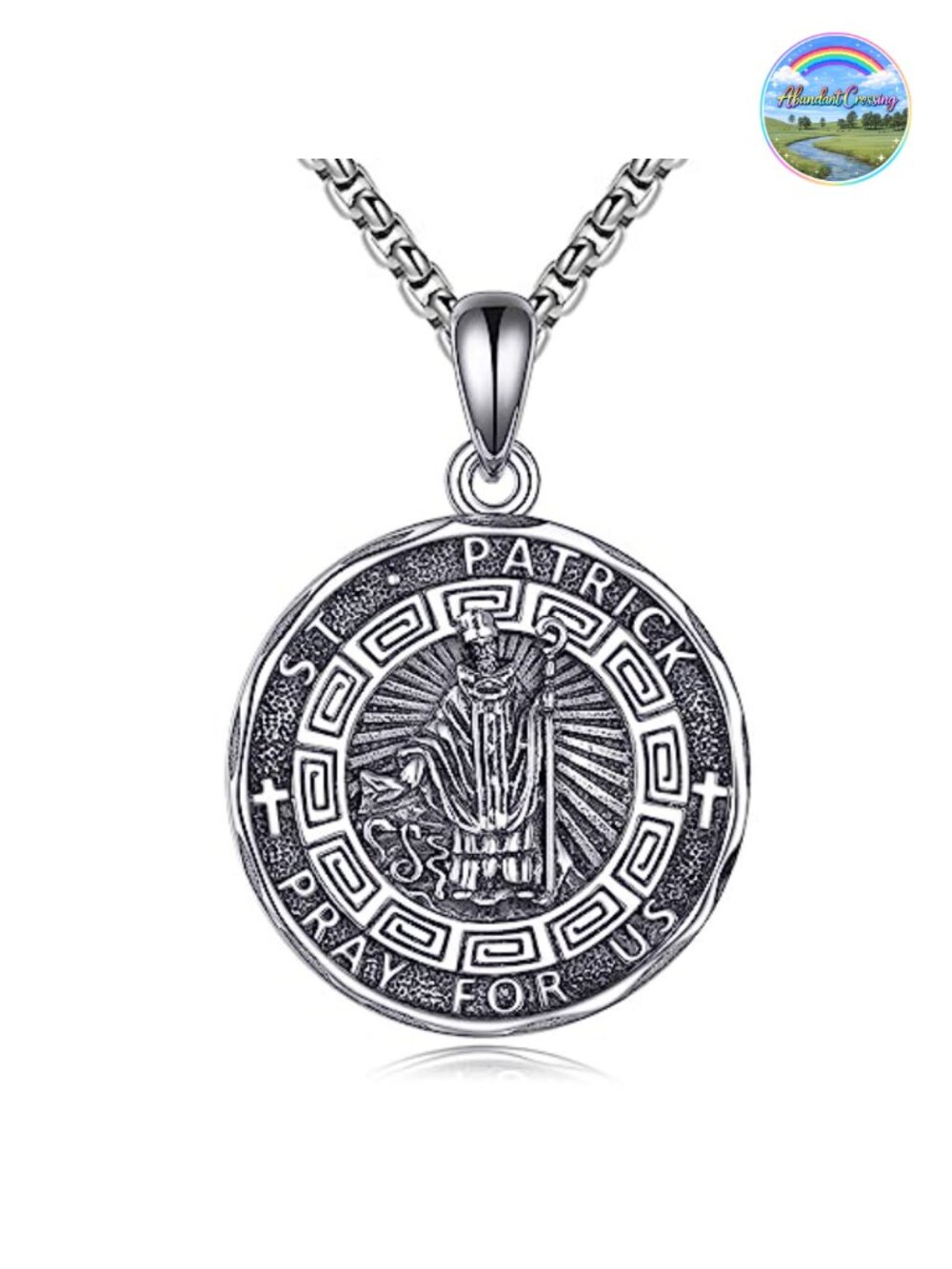 Sterling Silver Saint Patrick Pendant Necklace Men Women Religious